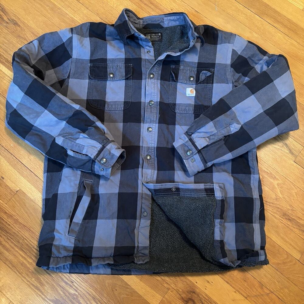 CARHARTT Men’s XLT Sherpa Lined Blue Flannel Jacket Top 104911 E31 Tall